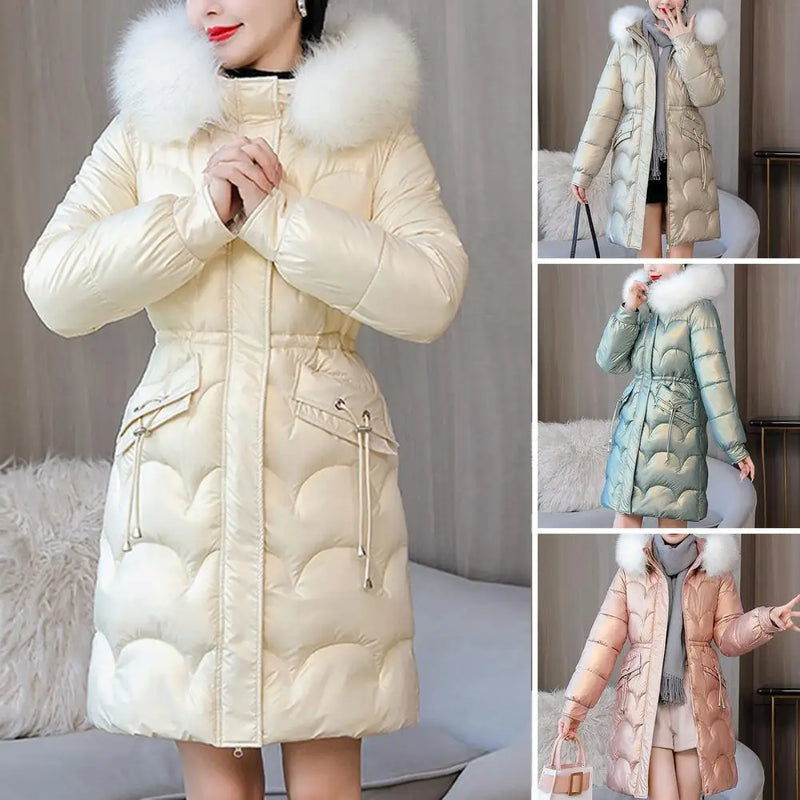 Women Winter Cotton Coat Thickened Padded Faux Fur Hood Winter Outerwear Smooth Slim Fit Windproof Mid Length Hooded Down Coat