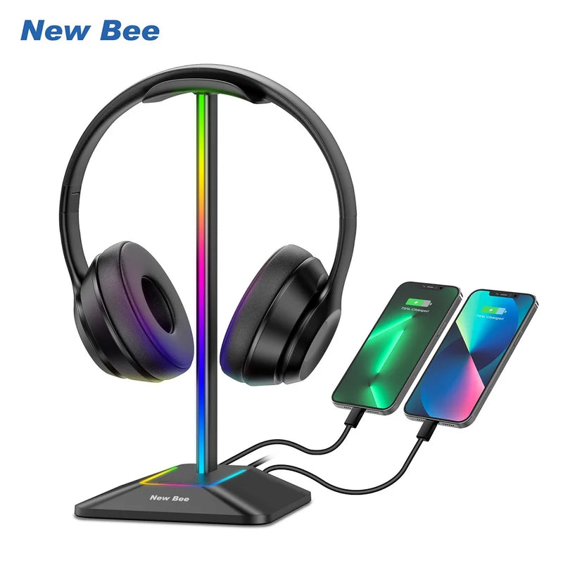 New Bee Z8 RGB Headphones Stand Holder Desk Gaming Headset with 2 USB Ports Cool Display Holder Non-Slip Rubber Base for Gamer