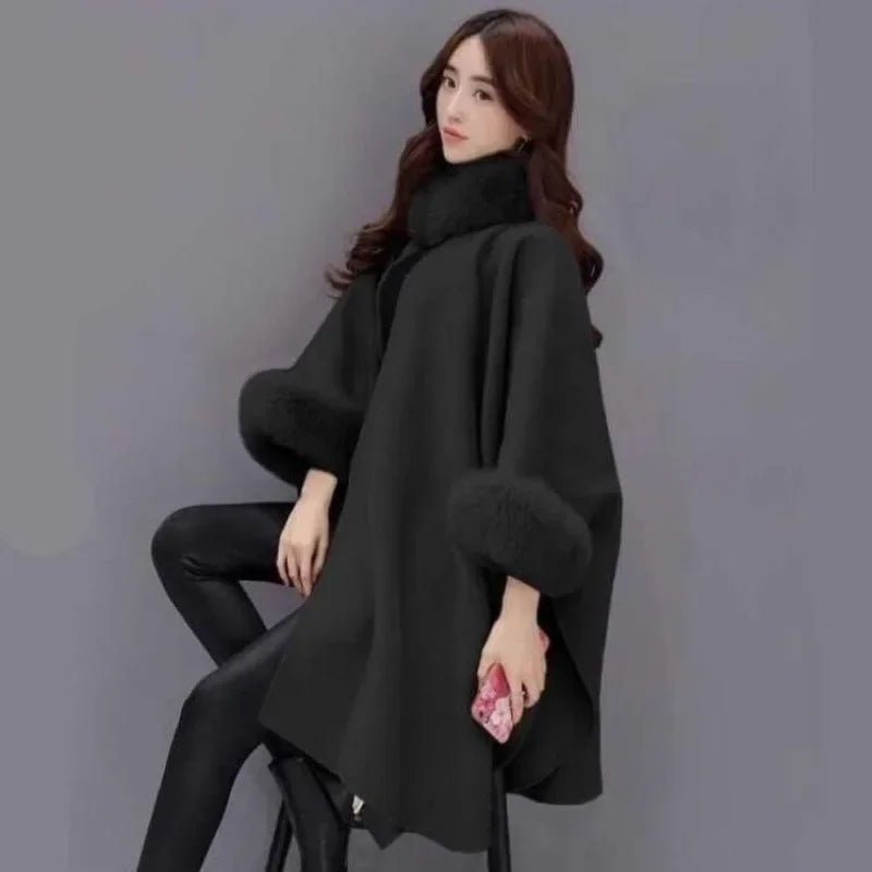 Elegant Autumn/winter Large Rabbit Fur Collar Woolen Overcoat Medium-length Mantle Jacket For Women