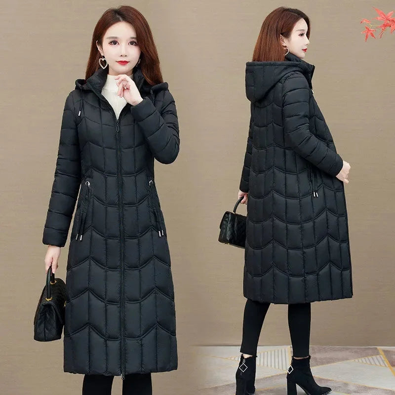 Winter Jacket Women X-long Thicken Down Coat with A Hood Straight Elegant Outerwear 2023 Korean Fashion Female Parkas