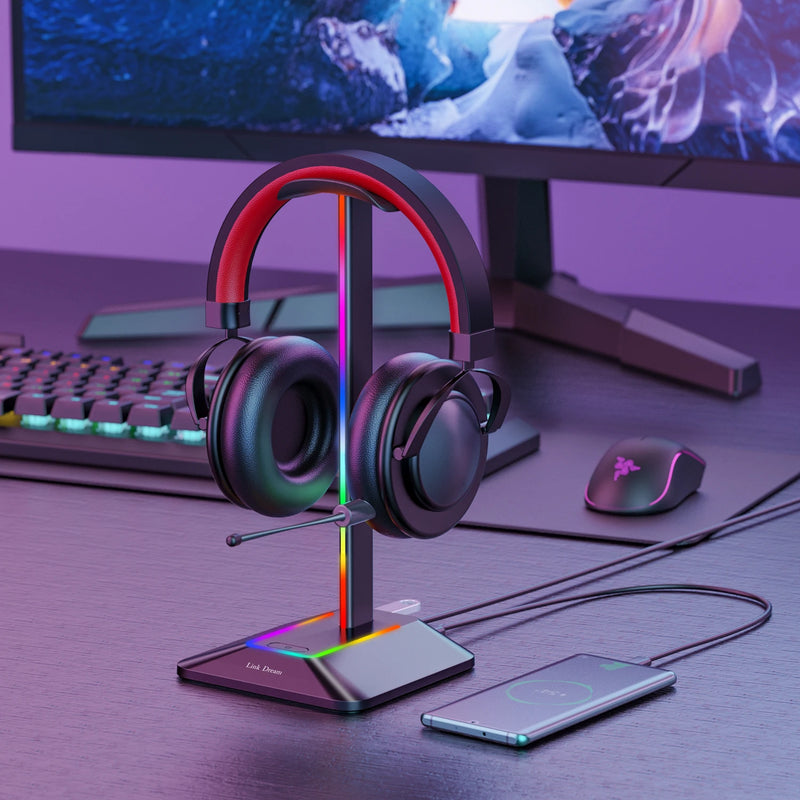 New Bee Z8 RGB Headphones Stand Holder Desk Gaming Headset with 2 USB Ports Cool Display Holder Non-Slip Rubber Base for Gamer