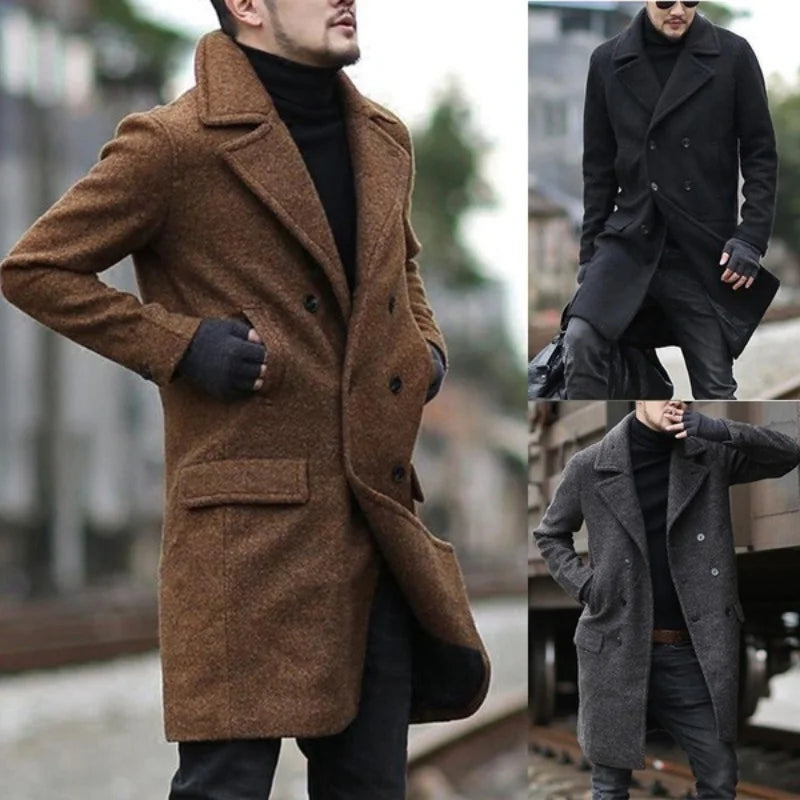 New Casual Men's Jackets With Pocketed Male Clothes Woolen Lapel Clothing Double Breasted Elegant Overoats For Spring Winter