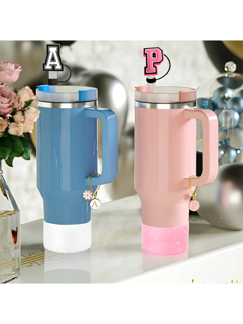 3Pcs Set Specially Designed for Stanley Cup Accessories, 1 Piece Initial Silicone Straw Lid, 1 Piece Name ID Letter Handle Charm