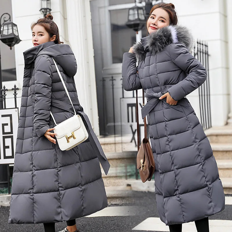 Women's Winter Jacket Long Parkas Winter Wear Korean Fashion Edition Belted Slim Fit Cotton Jacket Padding Warm Windbreak Coat