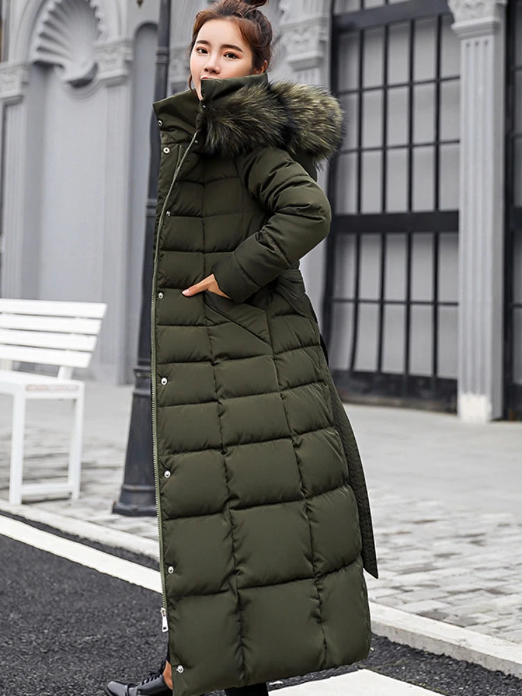 Women's Winter Jacket Long Parkas Winter Wear Korean Fashion Edition Belted Slim Fit Cotton Jacket Padding Warm Windbreak Coat