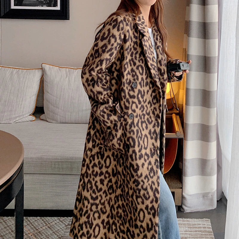 2023 Spring Women Woolen Coat Classic Leopard Print Loose Style Long Sleeve Women Fashion Longl Coat Casaco Feminino