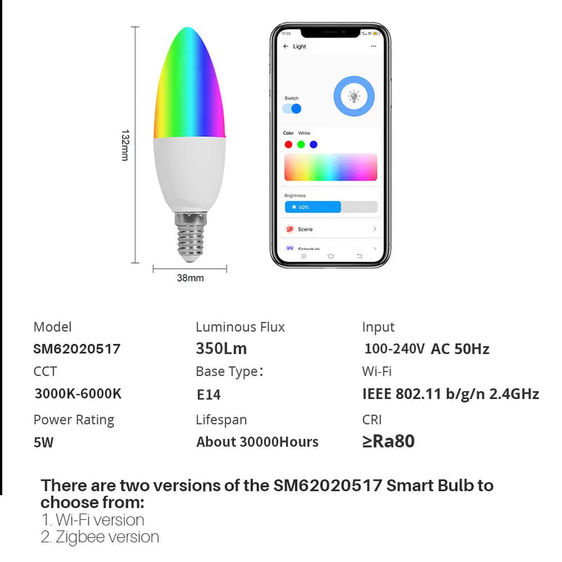 Smart Light Bulb WiFi/Zigbee E14 Dimmable Candle Lamp RGB+CW+WW 5W eWelink APP Voice Control Works With Alexa Google Home Alice