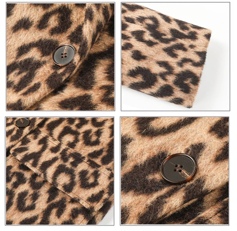 2023 Spring Women Woolen Coat Classic Leopard Print Loose Style Long Sleeve Women Fashion Longl Coat Casaco Feminino