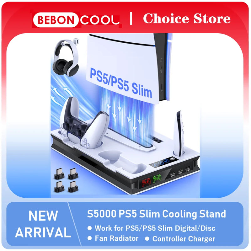 BEBONCOOL S5000 Vertical Stand For PlayStation 5 New Slim Version  PS5 Cooling Station with Two Dual Fast Charging USB