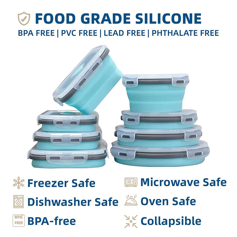 Round Collapsible Silicone Food Storage Containers with Lids Freezer & Dishwasher Safe Rectangular Foldable Lunch Box for Camper