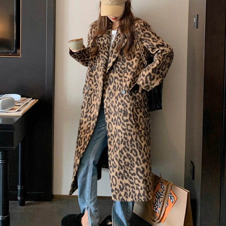 2023 Spring Women Woolen Coat Classic Leopard Print Loose Style Long Sleeve Women Fashion Longl Coat Casaco Feminino